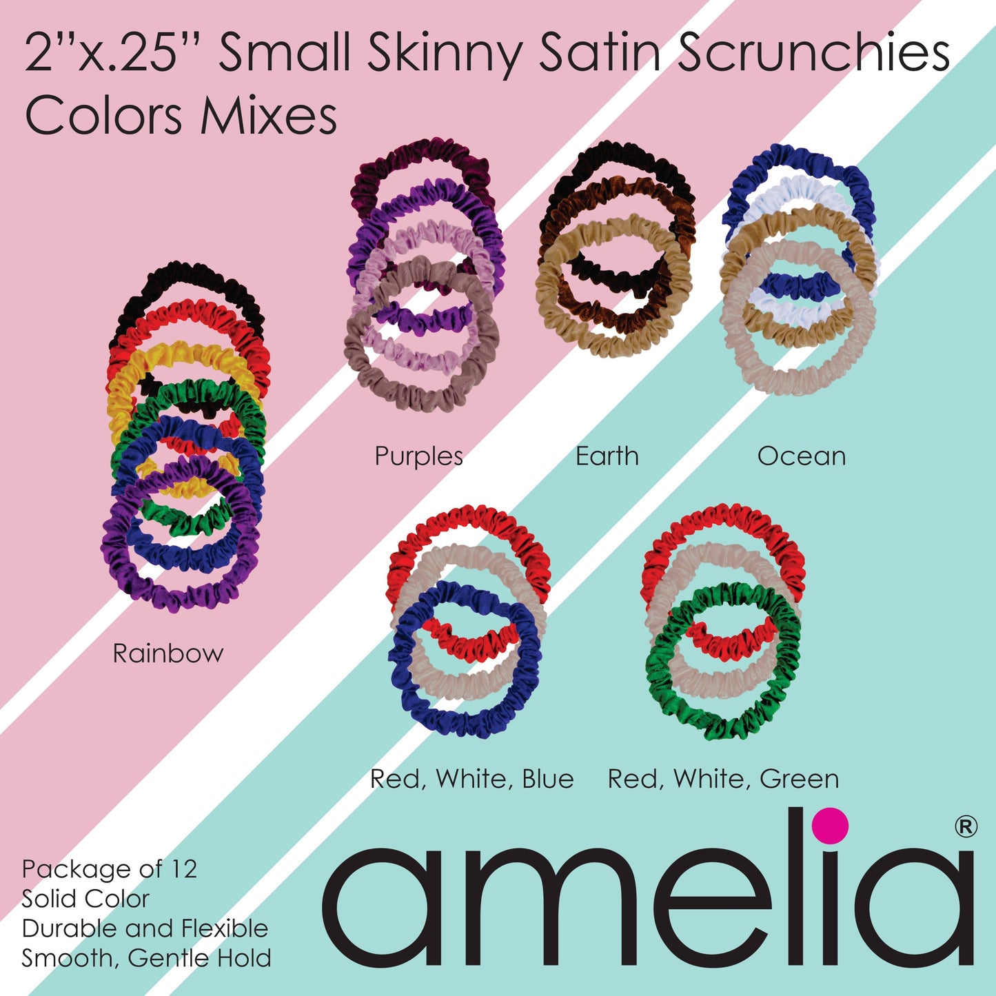 Amelia Beauty, Red, White and Blue Mix Skinny Satin Scrunchies, 2in Diameter, Gentle and Strong Hold, No Snag, No Dents or Creases. 12 Pack - 12 Retail Packs
