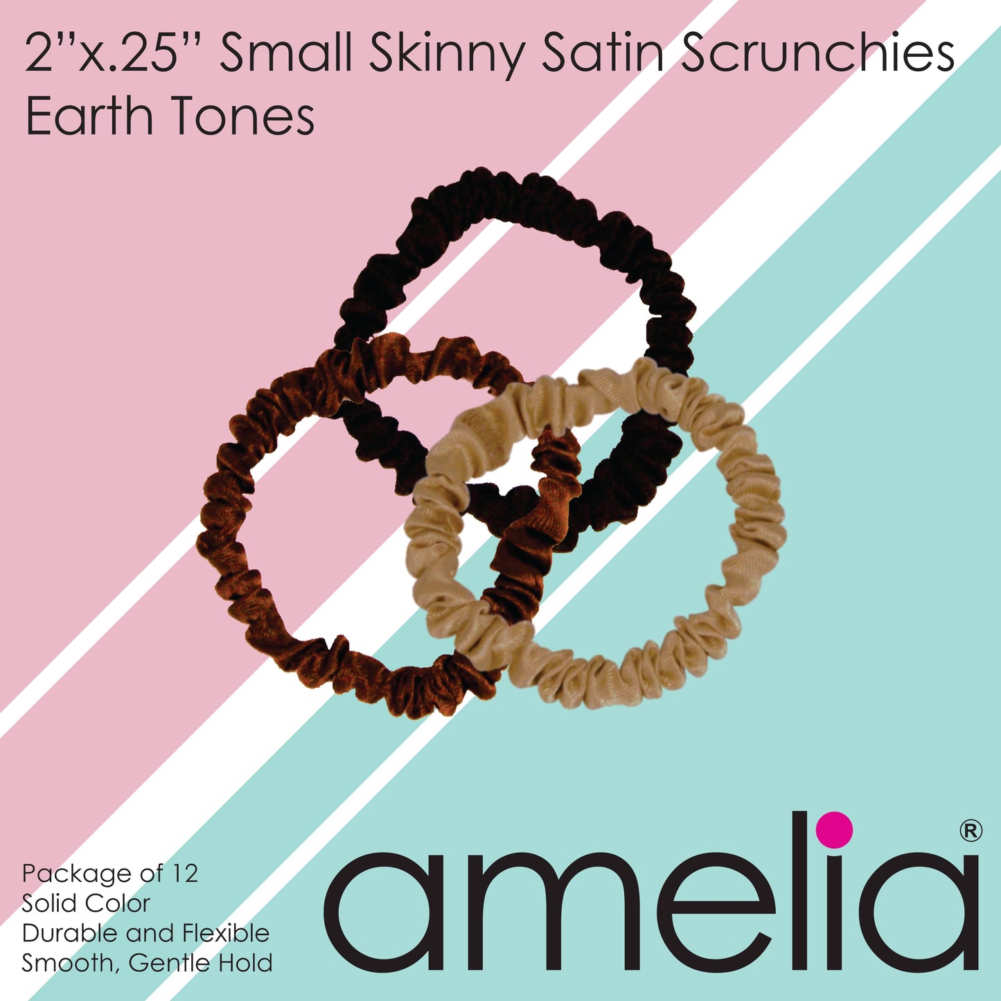 Amelia Beauty, Earth Tones Skinny Satin Scrunchies, 2in Diameter, Gentle and Strong Hold, No Snag, No Dents or Creases. 12 Pack - 12 Retail Packs