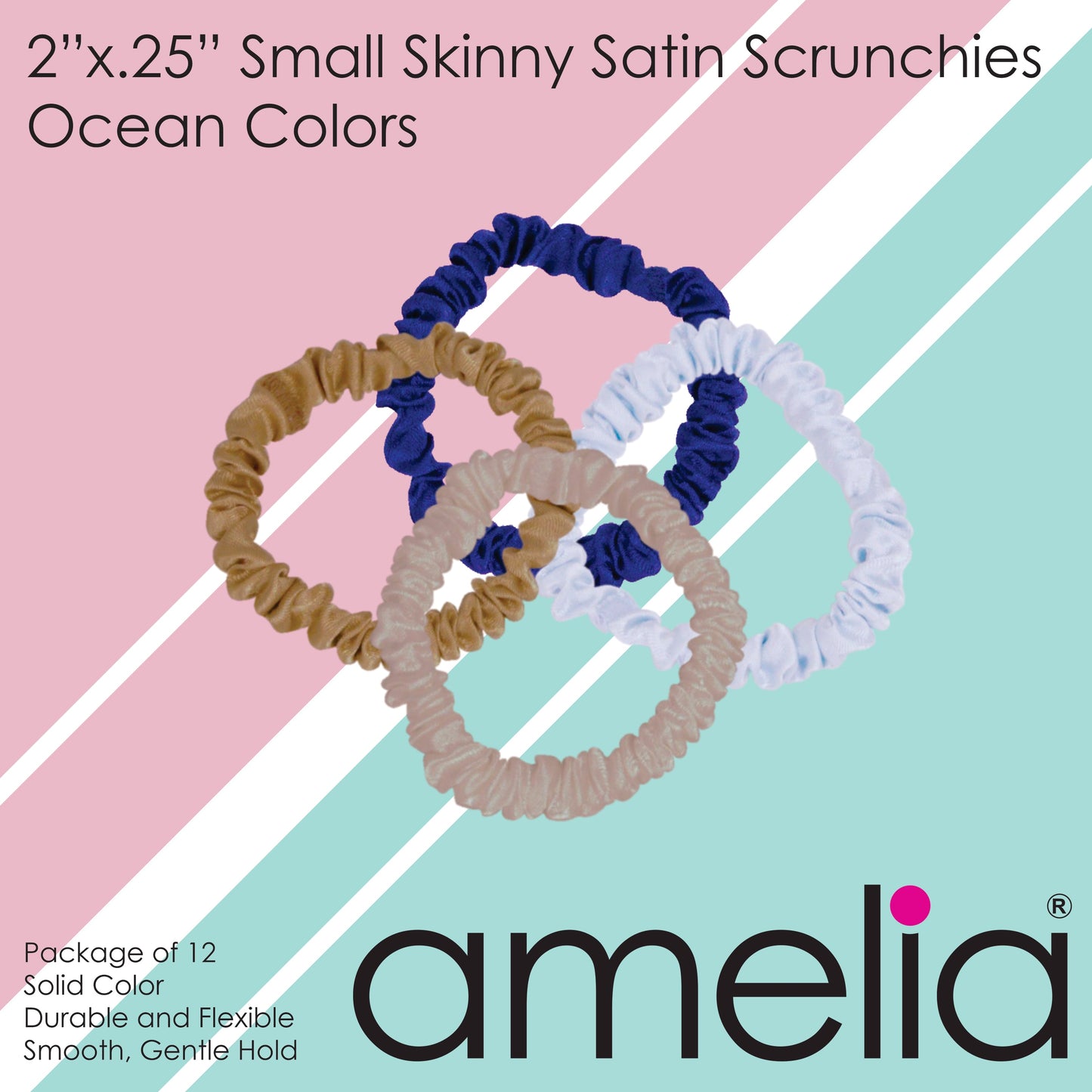 Amelia Beauty, Ocean Mix Skinny Satin Scrunchies, 2in Diameter, Gentle and Strong Hold, No Snag, No Dents or Creases. 12 Pack - 12 Retail Packs