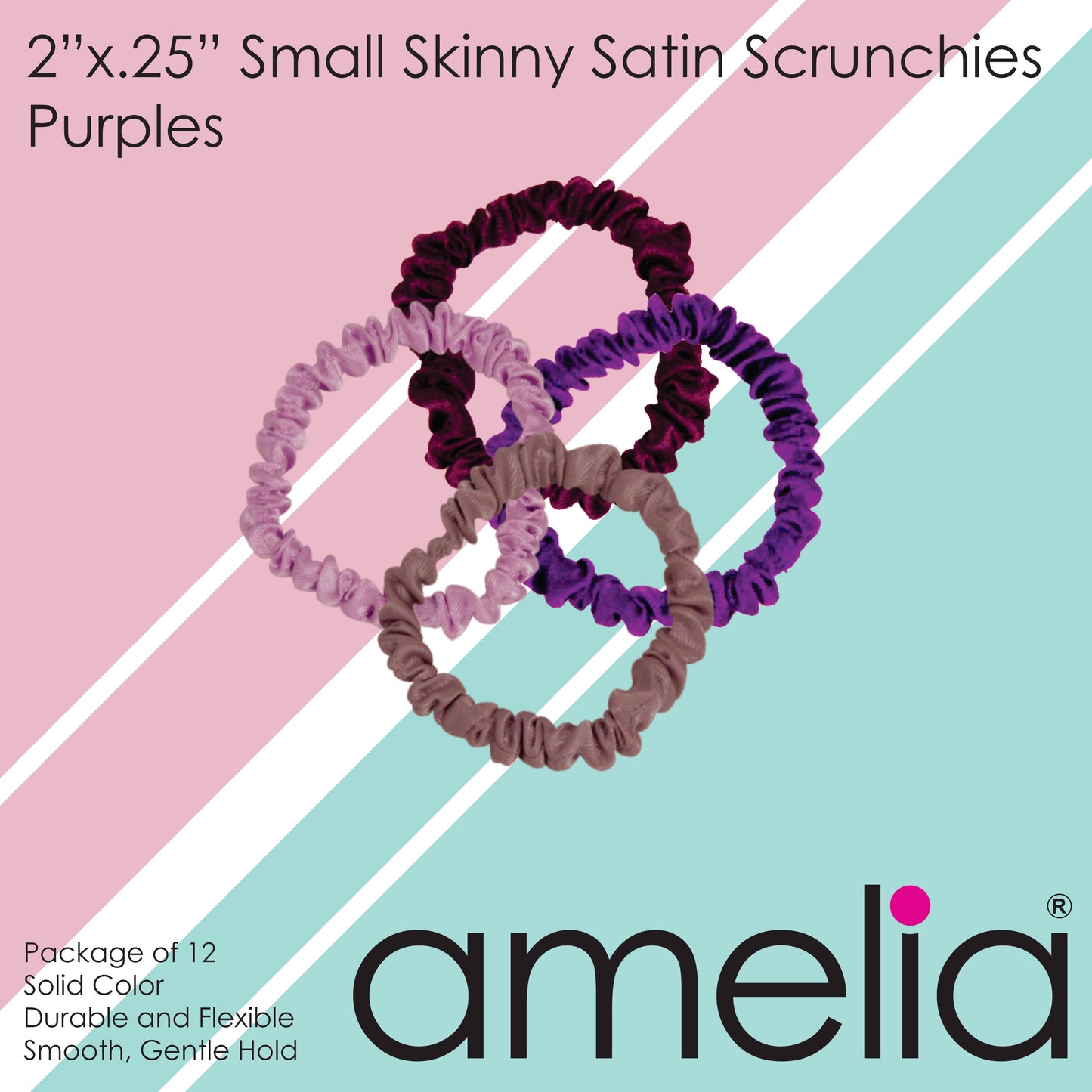 Amelia Beauty, Purple Blend Skinny Satin Scrunchies, 2in Diameter, Gentle and Strong Hold, No Snag, No Dents or Creases. 12 Pack - 12 Retail Packs