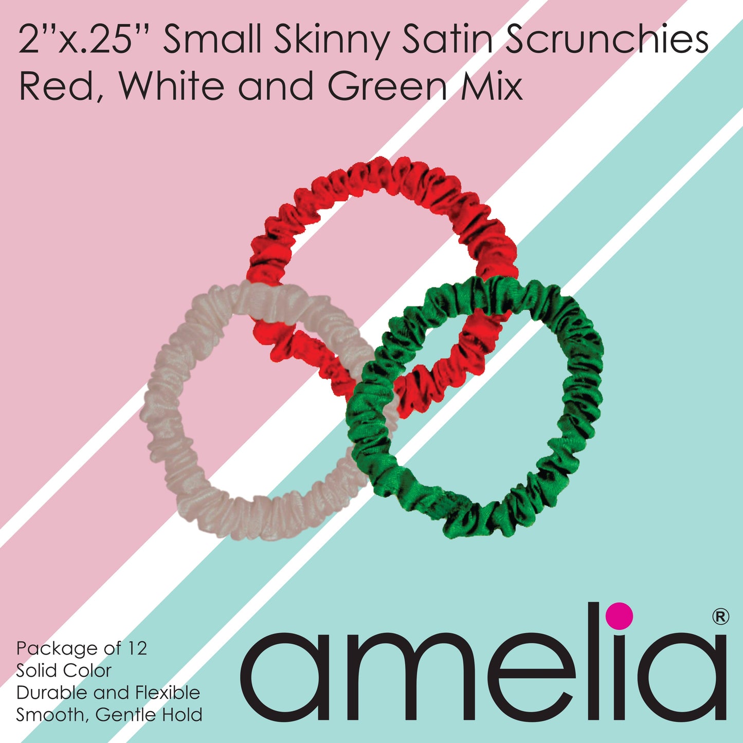 Amelia Beauty, Red, White and Green Mix Skinny Satin Scrunchies, 2in Diameter, Gentle and Strong Hold, No Snag, No Dents or Creases. 12 Pack - 12 Retail Packs