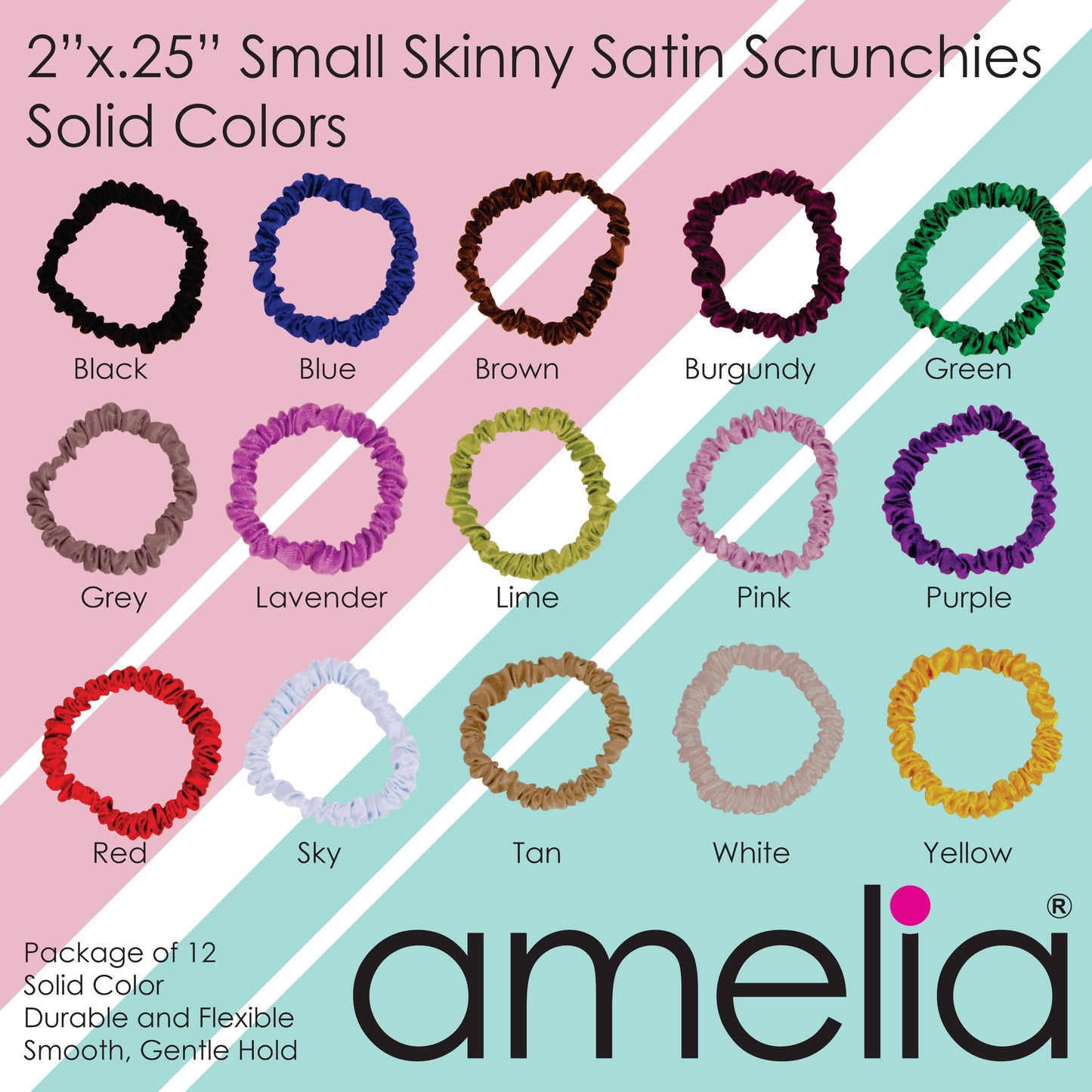 Amelia Beauty, Black Skinny Satin Scrunchies, 2in Diameter, Gentle and Strong Hold, No Snag, No Dents or Creases. 12 Pack - 12 Retail Packs