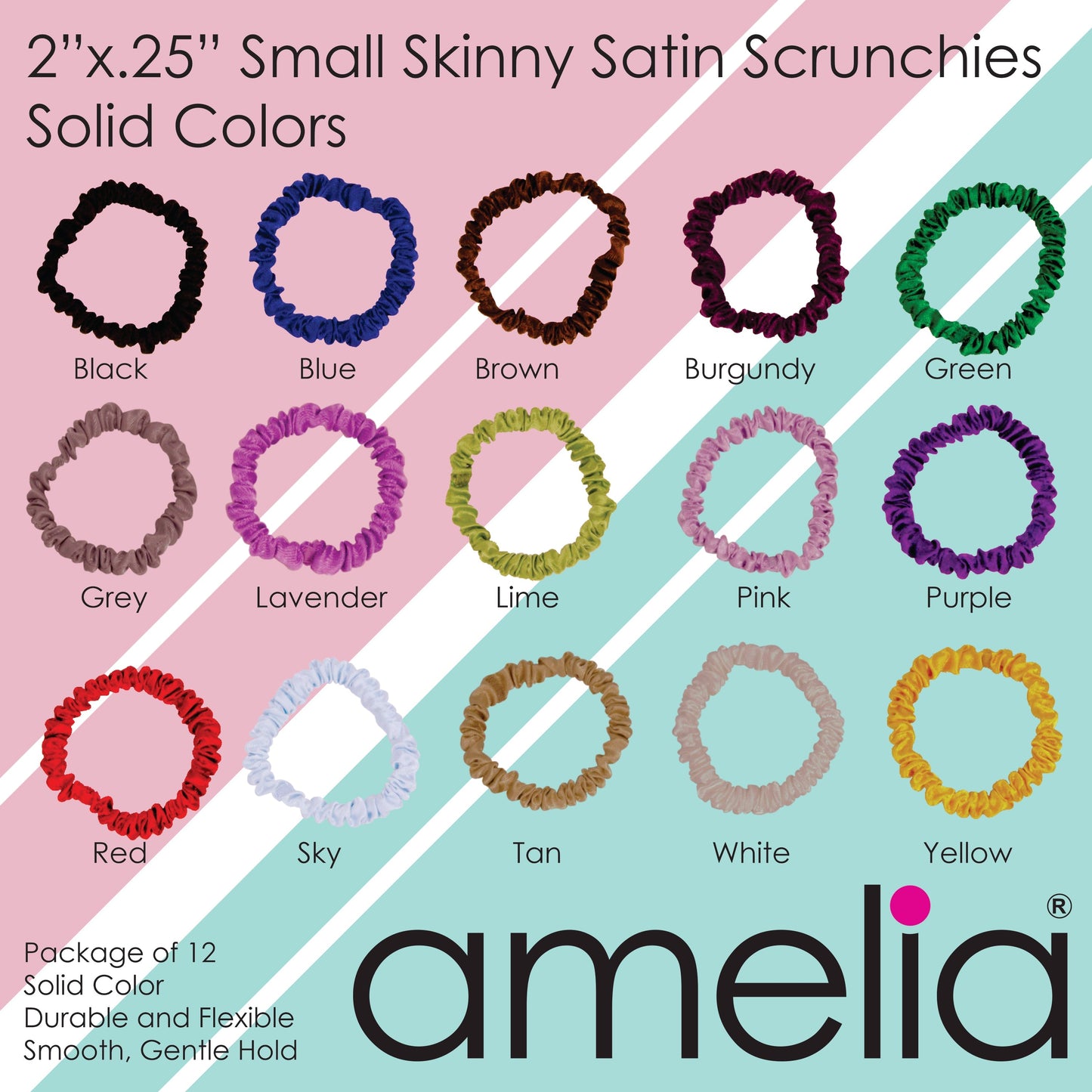 Amelia Beauty, Red, White and Blue Mix Skinny Satin Scrunchies, 2in Diameter, Gentle and Strong Hold, No Snag, No Dents or Creases. 12 Pack - 12 Retail Packs