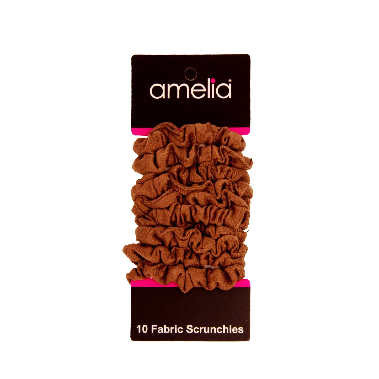 Amelia Beauty, Medium Brown Jersey Scrunchies, 2.5in Diameter, Gentle on Hair, Strong Hold, No Snag, No Dents or Creases. 10 Pack - 12 Retail Packs