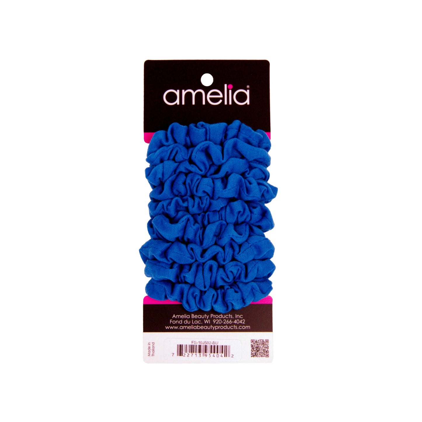 Amelia Beauty, Medium Blue Jersey Scrunchies, 2.5in Diameter, Gentle on Hair, Strong Hold, No Snag, No Dents or Creases. 10 Pack - 12 Retail Packs