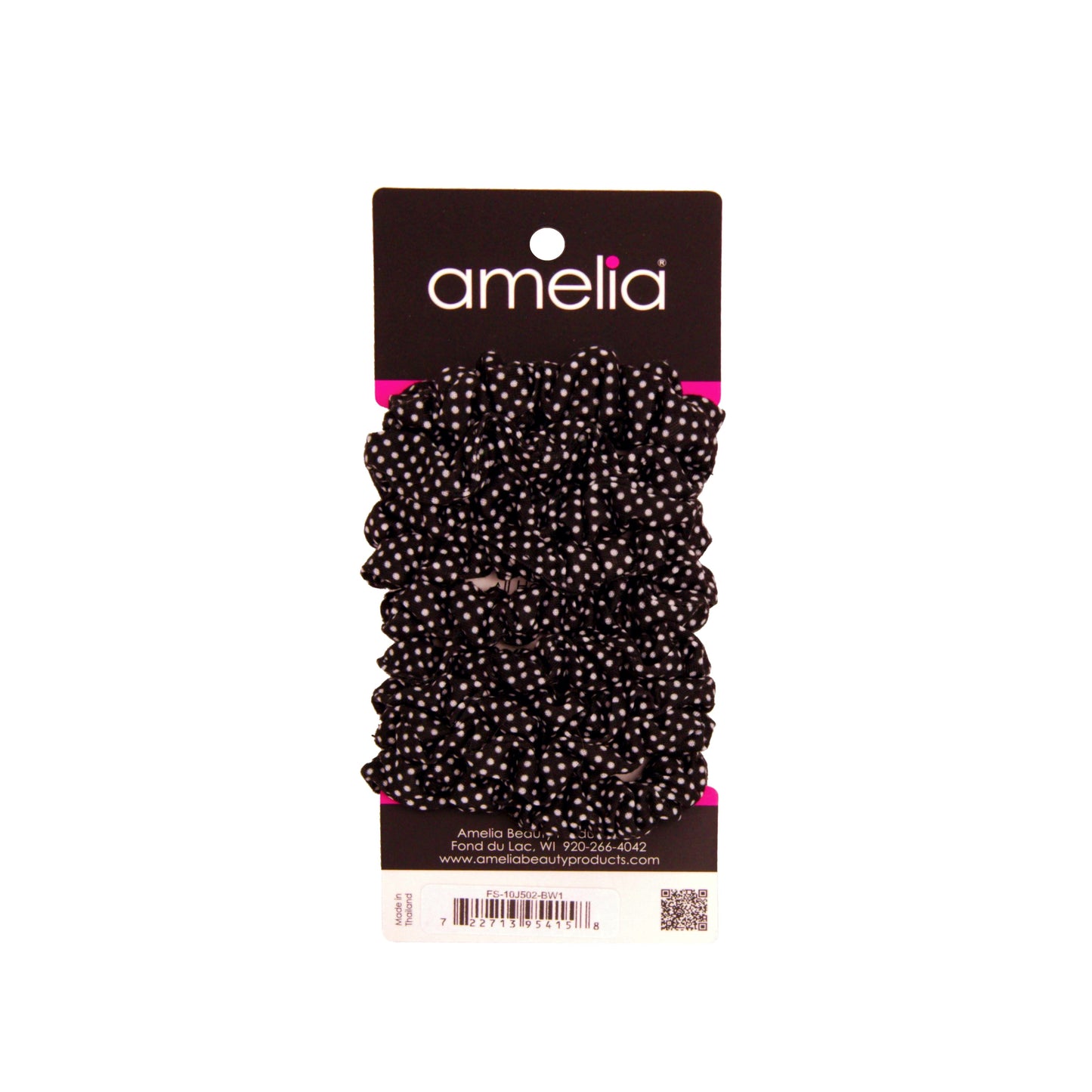 Amelia Beauty, Medium Black White Dot Jersey Scrunchies, 2.5in Diameter, Gentle on Hair, Strong Hold, No Snag, No Dents or Creases. 10 Pack - 12 Retail Packs