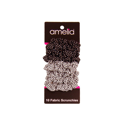 Amelia Beauty, Medium Black White Dot Mix Jersey Scrunchies, 2.5in Diameter, Gentle on Hair, Strong Hold, No Snag, No Dents or Creases. 10 Pack - 12 Retail Packs