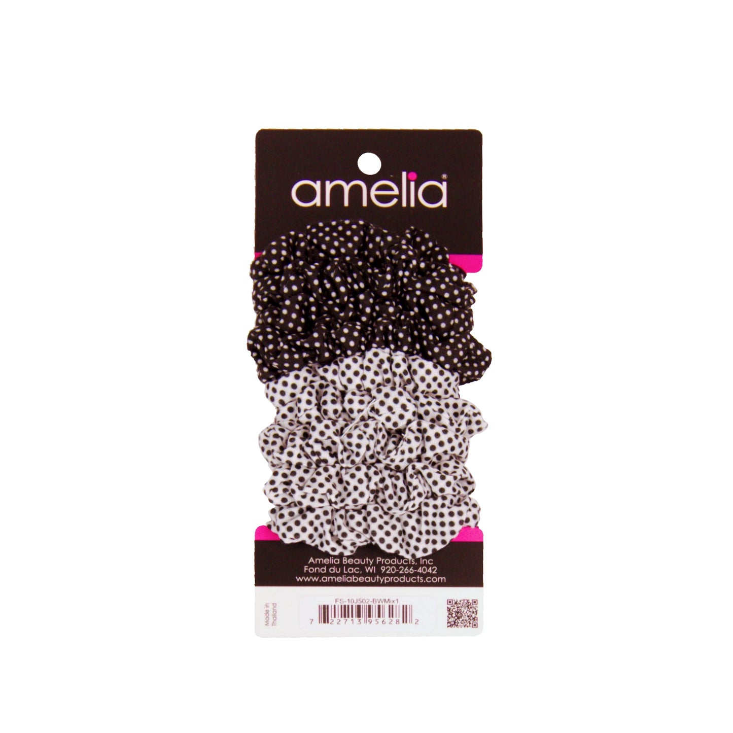 Amelia Beauty, Medium Black White Dot Mix Jersey Scrunchies, 2.5in Diameter, Gentle on Hair, Strong Hold, No Snag, No Dents or Creases. 10 Pack - 12 Retail Packs