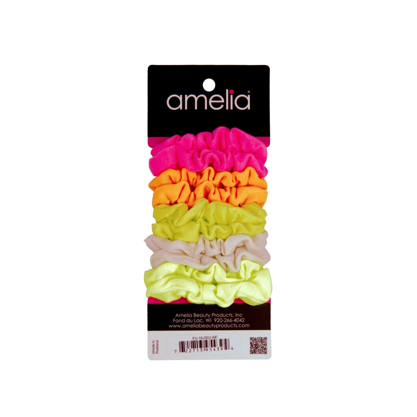 Amelia Beauty, Medium Neon Jersey Scrunchies, 2.5in Diameter, Gentle on Hair, Strong Hold, No Snag, No Dents or Creases. 10 Pack - 12 Retail Packs