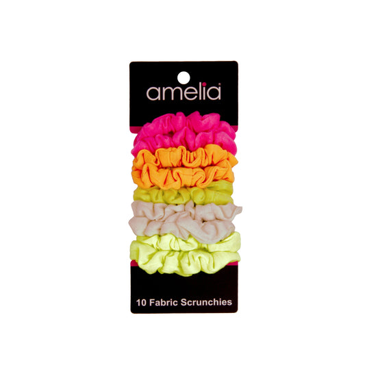 Amelia Beauty, Medium Neon Jersey Scrunchies, 2.5in Diameter, Gentle on Hair, Strong Hold, No Snag, No Dents or Creases. 10 Pack - 12 Retail Packs