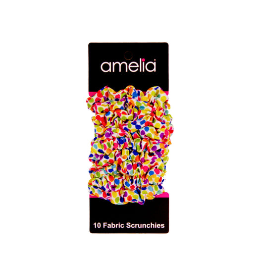 Amelia Beauty, Medium Rainbow Dot Jersey Scrunchies, 2.5in Diameter, Gentle on Hair, Strong Hold, No Snag, No Dents or Creases. 10 Pack - 12 Retail Packs