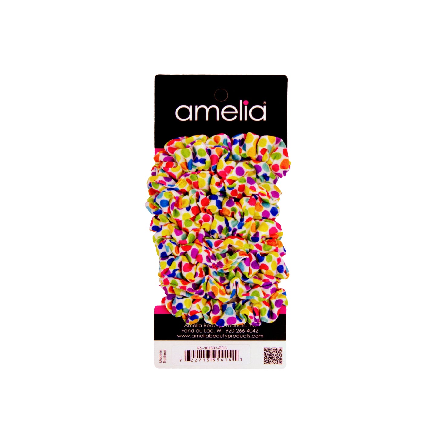 Amelia Beauty, Medium Rainbow Dot Jersey Scrunchies, 2.5in Diameter, Gentle on Hair, Strong Hold, No Snag, No Dents or Creases. 10 Pack - 12 Retail Packs