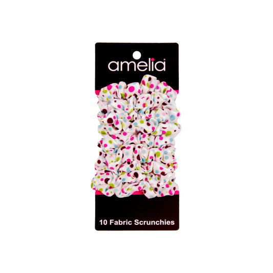 Amelia Beauty, Medium Pastel Dot Jersey Scrunchies, 2.5in Diameter, Gentle on Hair, Strong Hold, No Snag, No Dents or Creases. 10 Pack - 12 Retail Packs