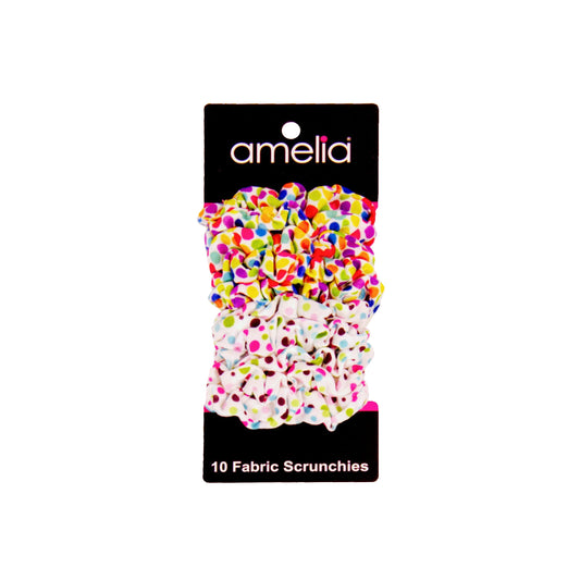 Amelia Beauty, Medium Rainbow and Pastel Dot Mix Jersey Scrunchies, 2.5in Diameter, Gentle on Hair, Strong Hold, No Snag, No Dents or Creases. 10 Pack - 12 Retail Packs