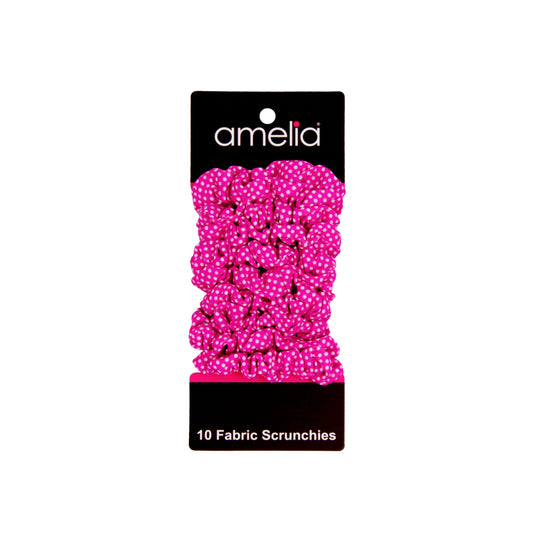 Amelia Beauty, Medium Pink with White Polka Dot Jersey Scrunchies, 2.5in Diameter, Gentle on Hair, Strong Hold, No Snag, No Dents or Creases. 10 Pack - 12 Retail Packs