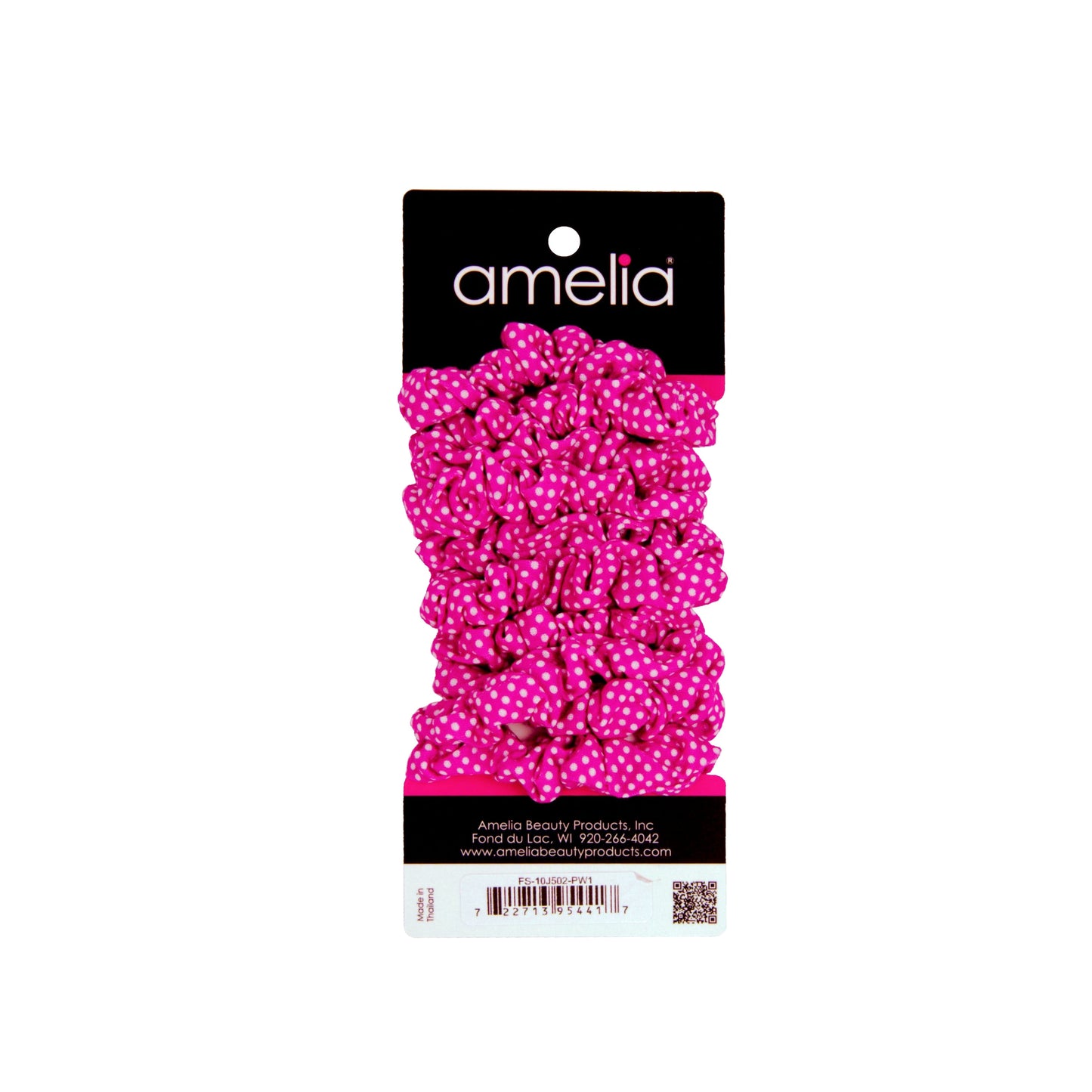 Amelia Beauty, Medium Pink with White Polka Dot Jersey Scrunchies, 2.5in Diameter, Gentle on Hair, Strong Hold, No Snag, No Dents or Creases. 10 Pack - 12 Retail Packs