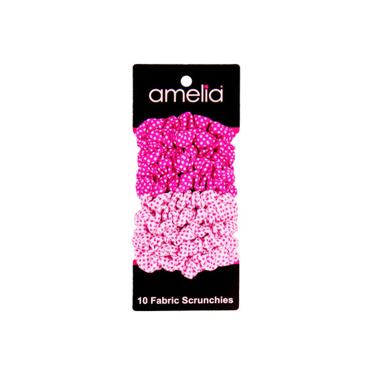 Amelia Beauty, Medium Pink and White Dot Mix Jersey Scrunchies, 2.5in Diameter, Gentle on Hair, Strong Hold, No Snag, No Dents or Creases. 10 Pack - 12 Retail Packs