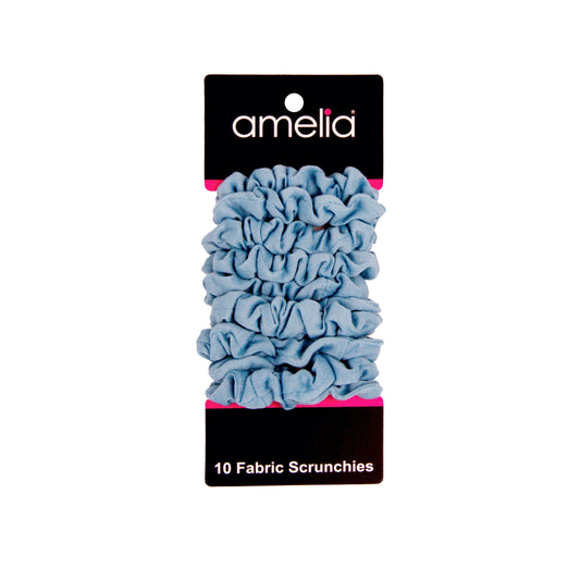 Amelia Beauty, Medium Light Sky Blue Jersey Scrunchies, 2.5in Diameter, Gentle on Hair, Strong Hold, No Snag, No Dents or Creases. 10 Pack - 12 Retail Packs