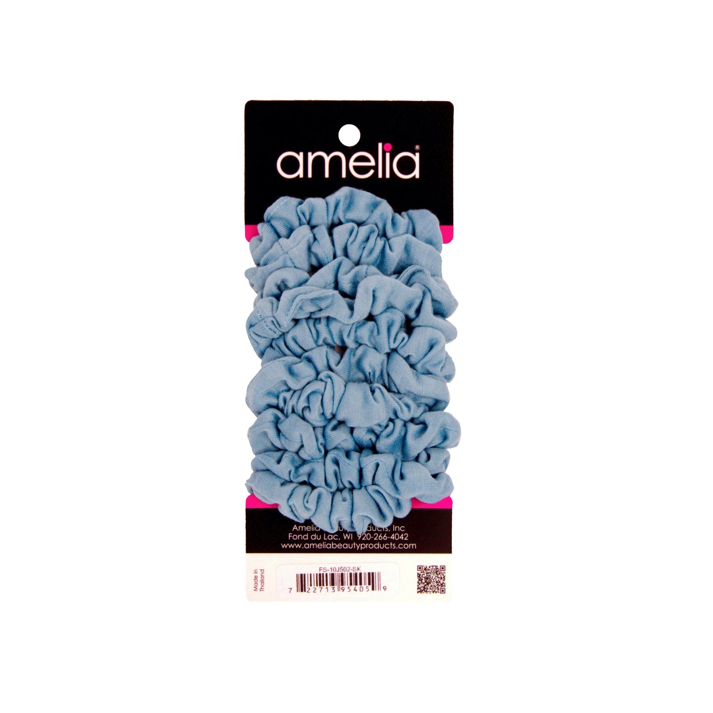 Amelia Beauty, Medium Light Sky Blue Jersey Scrunchies, 2.5in Diameter, Gentle on Hair, Strong Hold, No Snag, No Dents or Creases. 10 Pack - 12 Retail Packs