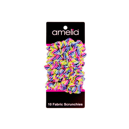 Amelia Beauty, Medium Rainbow Stripe Jersey Scrunchies, 2.5in Diameter, Gentle on Hair, Strong Hold, No Snag, No Dents or Creases. 10 Pack - 12 Retail Packs