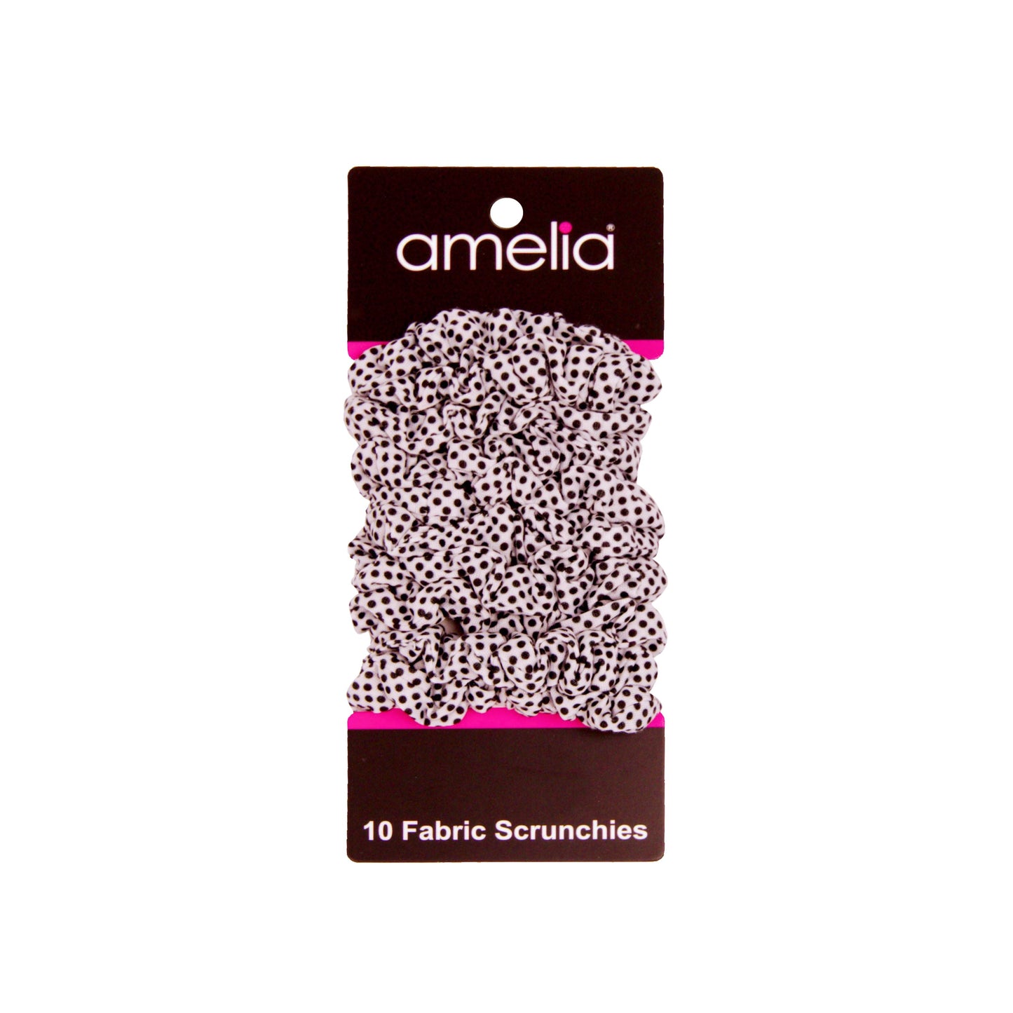 Amelia Beauty, Medium White with Black Polka Dot Jersey Scrunchies, 2.5in Diameter, Gentle on Hair, Strong Hold, No Snag, No Dents or Creases. 10 Pack - 12 Retail Packs