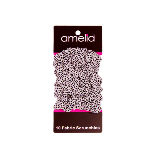 Amelia Beauty, Medium White with Black Polka Dot Jersey Scrunchies, 2.5in Diameter, Gentle on Hair, Strong Hold, No Snag, No Dents or Creases. 10 Pack - 12 Retail Packs