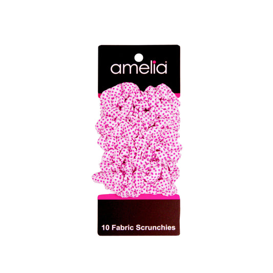Amelia Beauty, Medium White with Pink Polka Dot Jersey Scrunchies, 2.5in Diameter, Gentle on Hair, Strong Hold, No Snag, No Dents or Creases. 10 Pack - 12 Retail Packs