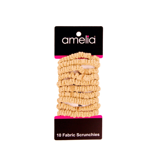 Amelia Beauty, Tan Ribbed Scrunchies, 2.25in Diameter, Gentle on Hair, Strong Hold, No Snag, No Dents or Creases. 10 Pack - 12 Retail Packs