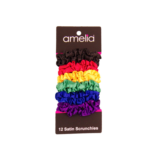 Amelia Beauty, Rainbow Colors Satin Scrunchies, 2.25in Diameter, Gentle on Hair, Strong Hold, No Snag, No Dents or Creases. 12 Pack - 12 Retail Packs