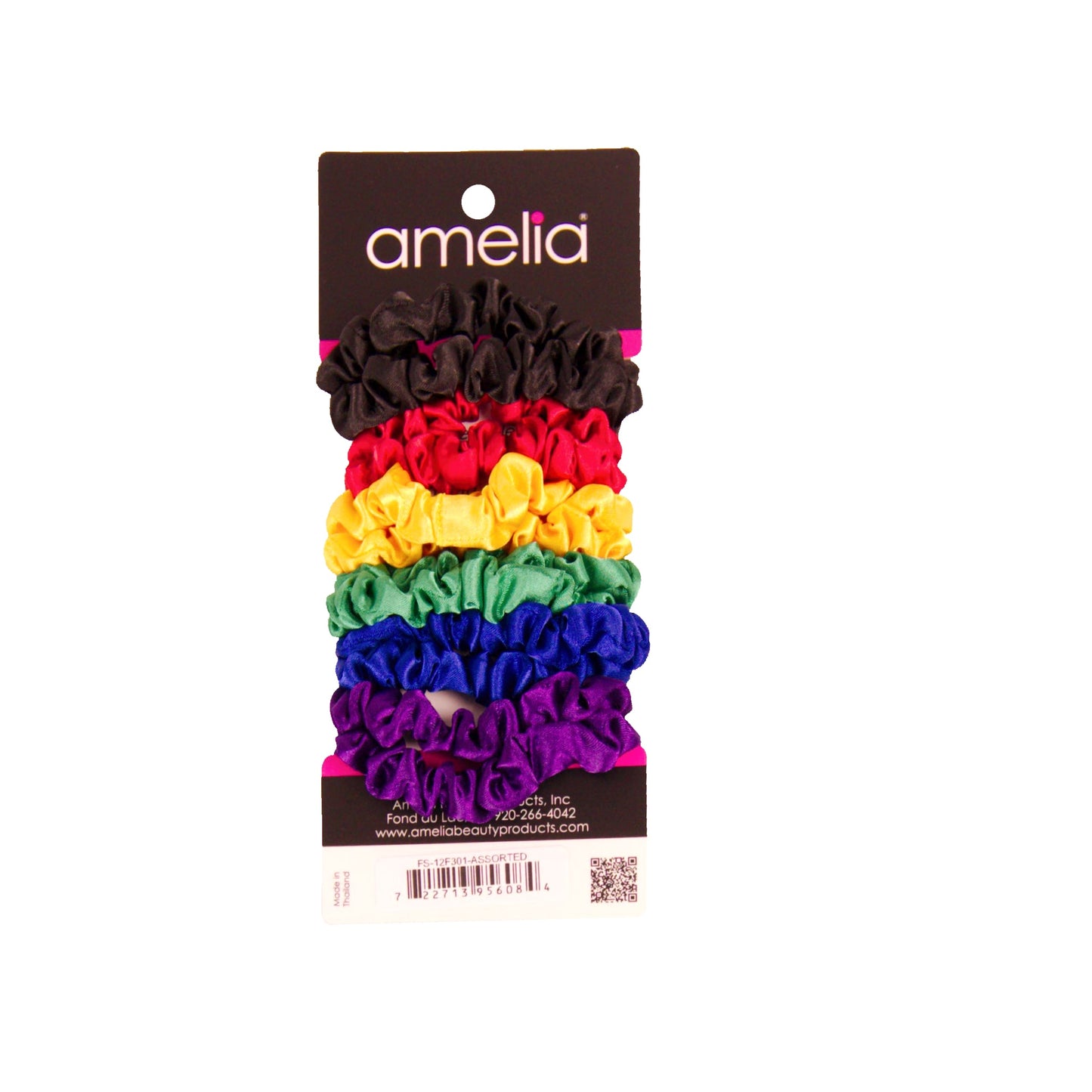 Amelia Beauty, Rainbow Colors Satin Scrunchies, 2.25in Diameter, Gentle on Hair, Strong Hold, No Snag, No Dents or Creases. 12 Pack - 12 Retail Packs