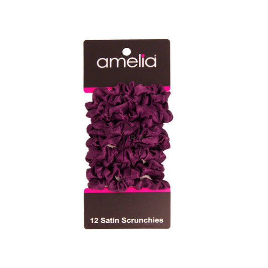 Amelia Beauty, Burgundy Satin Scrunchies, 2.25in Diameter, Gentle on Hair, Strong Hold, No Snag, No Dents or Creases. 12 Pack - 12 Retail Packs