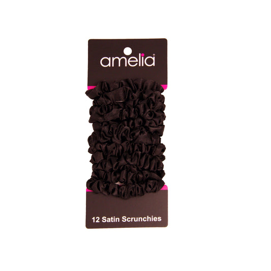 Amelia Beauty, Black Satin Scrunchies, 2.25in Diameter, Gentle on Hair, Strong Hold, No Snag, No Dents or Creases. 12 Pack - 12 Retail Packs