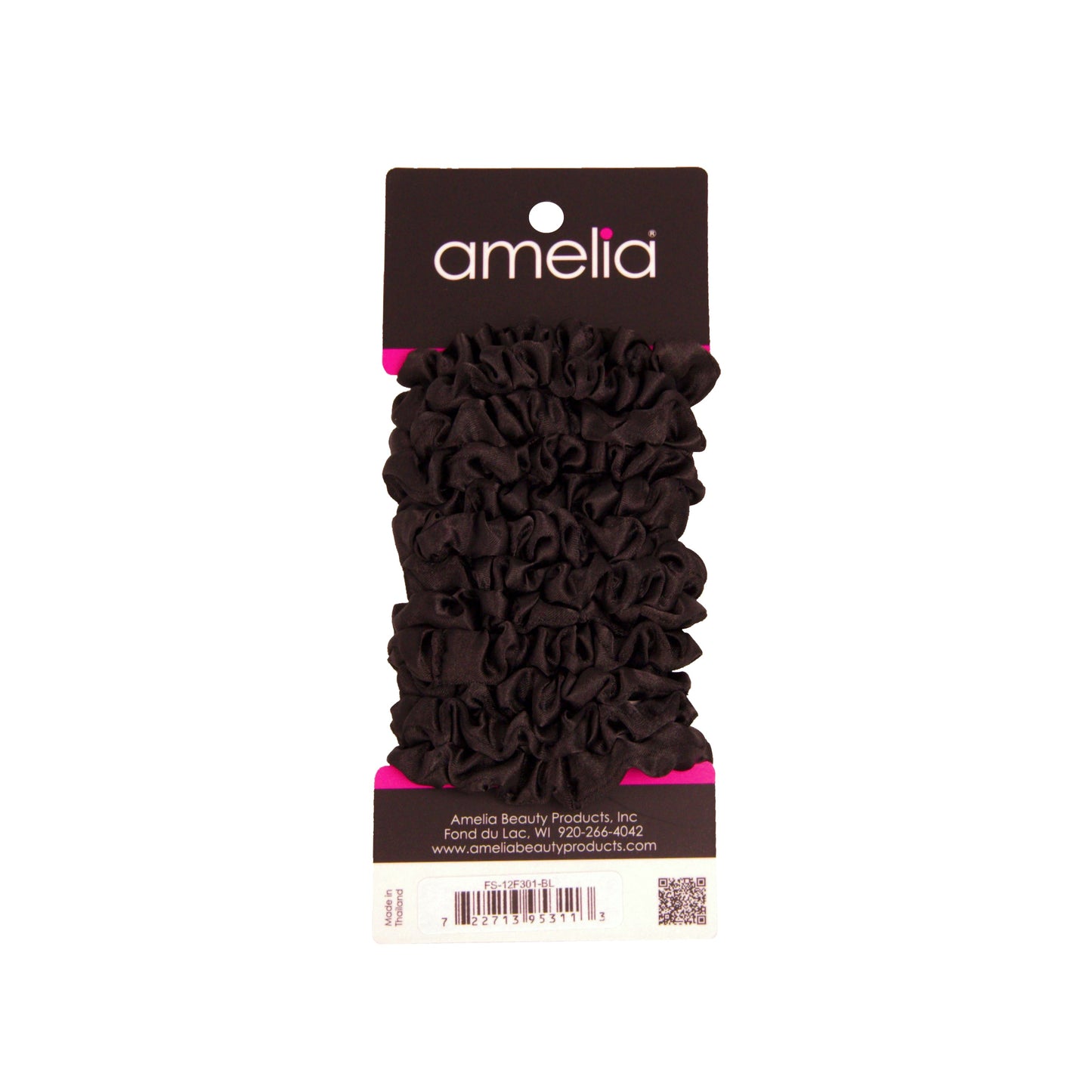 Amelia Beauty, Black Satin Scrunchies, 2.25in Diameter, Gentle on Hair, Strong Hold, No Snag, No Dents or Creases. 12 Pack - 12 Retail Packs