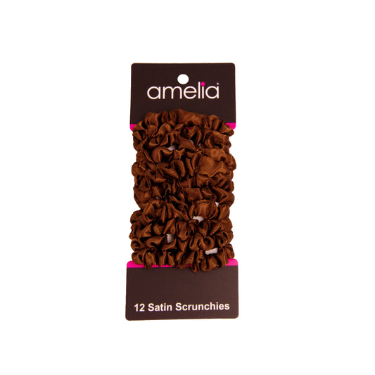 Amelia Beauty, Brown Satin Scrunchies, 2.25in Diameter, Gentle on Hair, Strong Hold, No Snag, No Dents or Creases. 12 Pack - 12 Retail Packs