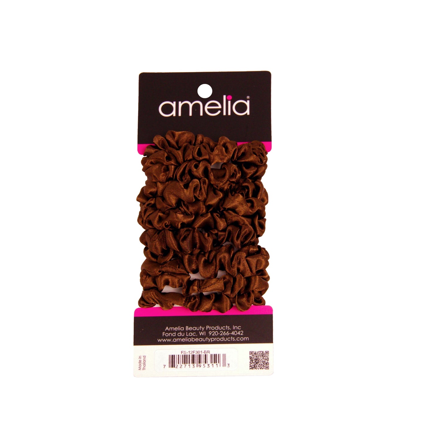 Amelia Beauty, Brown Satin Scrunchies, 2.25in Diameter, Gentle on Hair, Strong Hold, No Snag, No Dents or Creases. 12 Pack - 12 Retail Packs