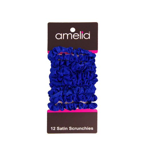 Amelia Beauty, Blue Satin Scrunchies, 2.25in Diameter, Gentle on Hair, Strong Hold, No Snag, No Dents or Creases. 12 Pack - 12 Retail Packs