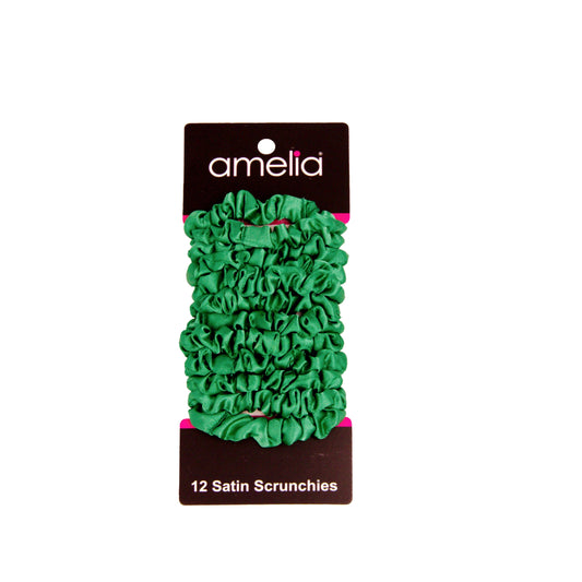 Amelia Beauty, Green Satin Scrunchies, 2.25in Diameter, Gentle on Hair, Strong Hold, No Snag, No Dents or Creases. 12 Pack - 12 Retail Packs