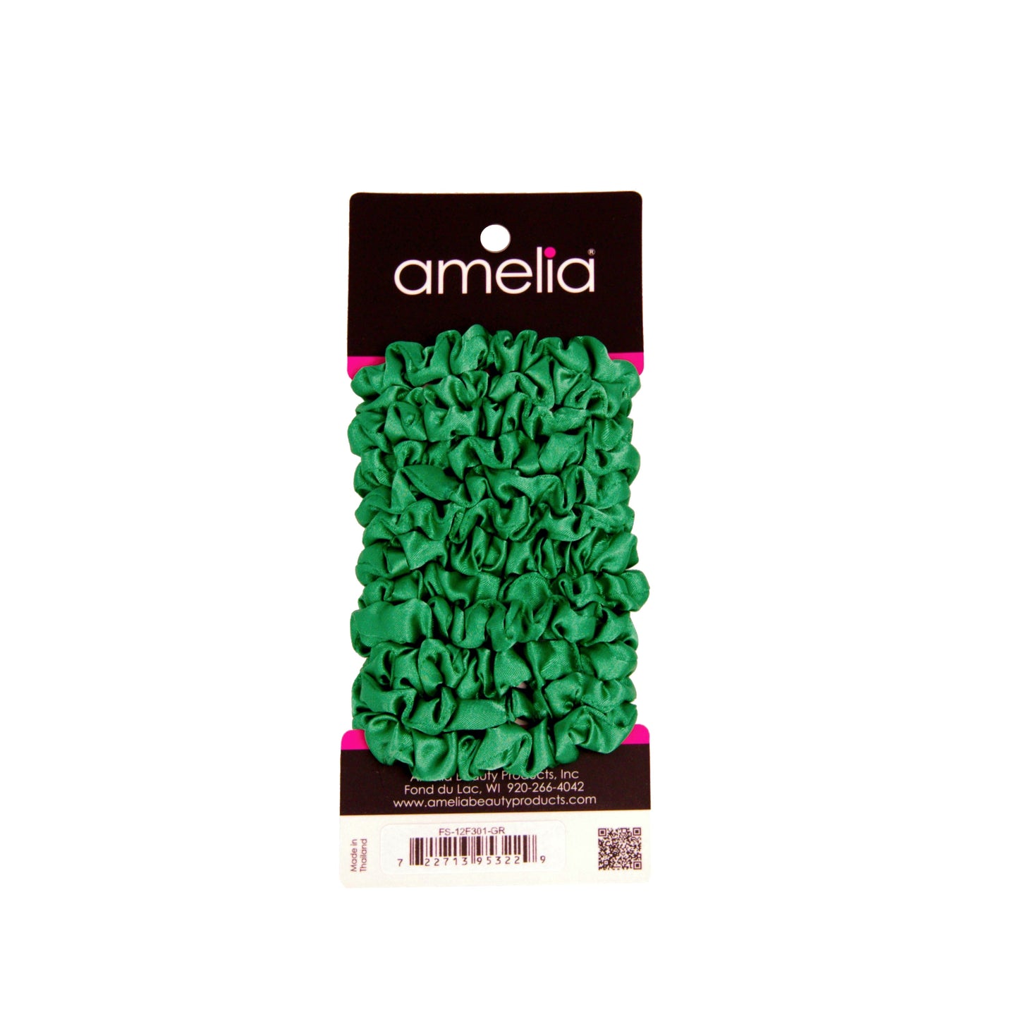 Amelia Beauty, Green Satin Scrunchies, 2.25in Diameter, Gentle on Hair, Strong Hold, No Snag, No Dents or Creases. 12 Pack - 12 Retail Packs