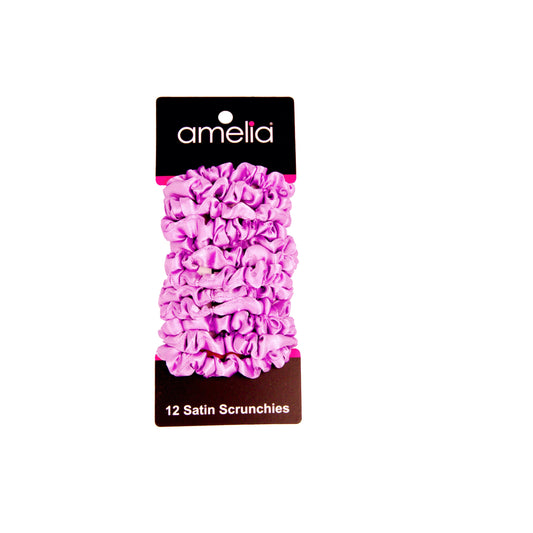 Amelia Beauty, Lavender Satin Scrunchies, 2.25in Diameter, Gentle on Hair, Strong Hold, No Snag, No Dents or Creases. 12 Pack - 12 Retail Packs
