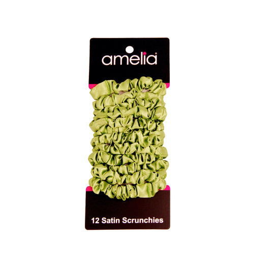 Amelia Beauty, Lime Satin Scrunchies, 2.25in Diameter, Gentle on Hair, Strong Hold, No Snag, No Dents or Creases. 12 Pack - 12 Retail Packs