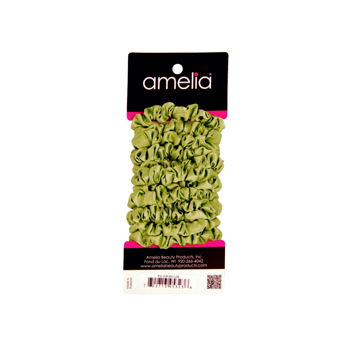 Amelia Beauty, Lime Satin Scrunchies, 2.25in Diameter, Gentle on Hair, Strong Hold, No Snag, No Dents or Creases. 12 Pack - 12 Retail Packs