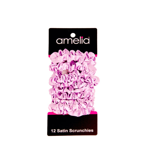Amelia Beauty, Pink Satin Scrunchies, 2.25in Diameter, Gentle on Hair, Strong Hold, No Snag, No Dents or Creases. 12 Pack - 12 Retail Packs