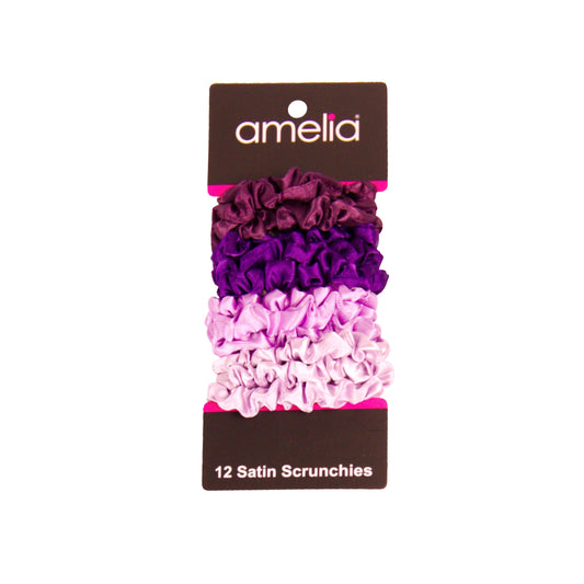 Amelia Beauty, Purple Mix Satin Scrunchies, 2.25in Diameter, Gentle on Hair, Strong Hold, No Snag, No Dents or Creases. 12 Pack - 12 Retail Packs