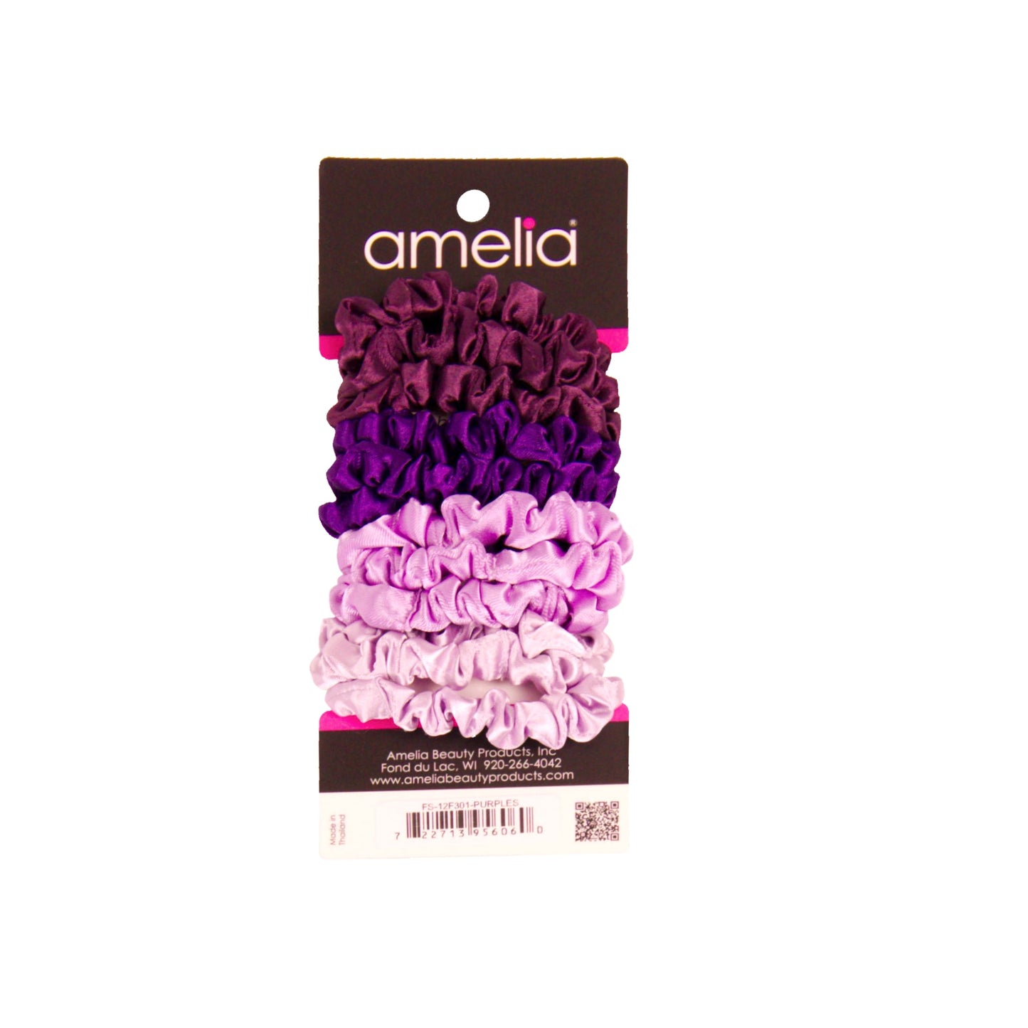 Amelia Beauty, Purple Mix Satin Scrunchies, 2.25in Diameter, Gentle on Hair, Strong Hold, No Snag, No Dents or Creases. 12 Pack - 12 Retail Packs