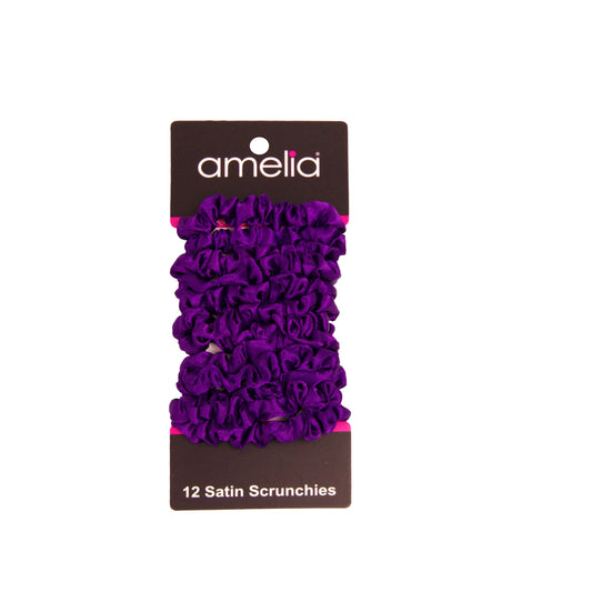 Amelia Beauty, Purple Satin Scrunchies, 2.25in Diameter, Gentle on Hair, Strong Hold, No Snag, No Dents or Creases. 12 Pack - 12 Retail Packs