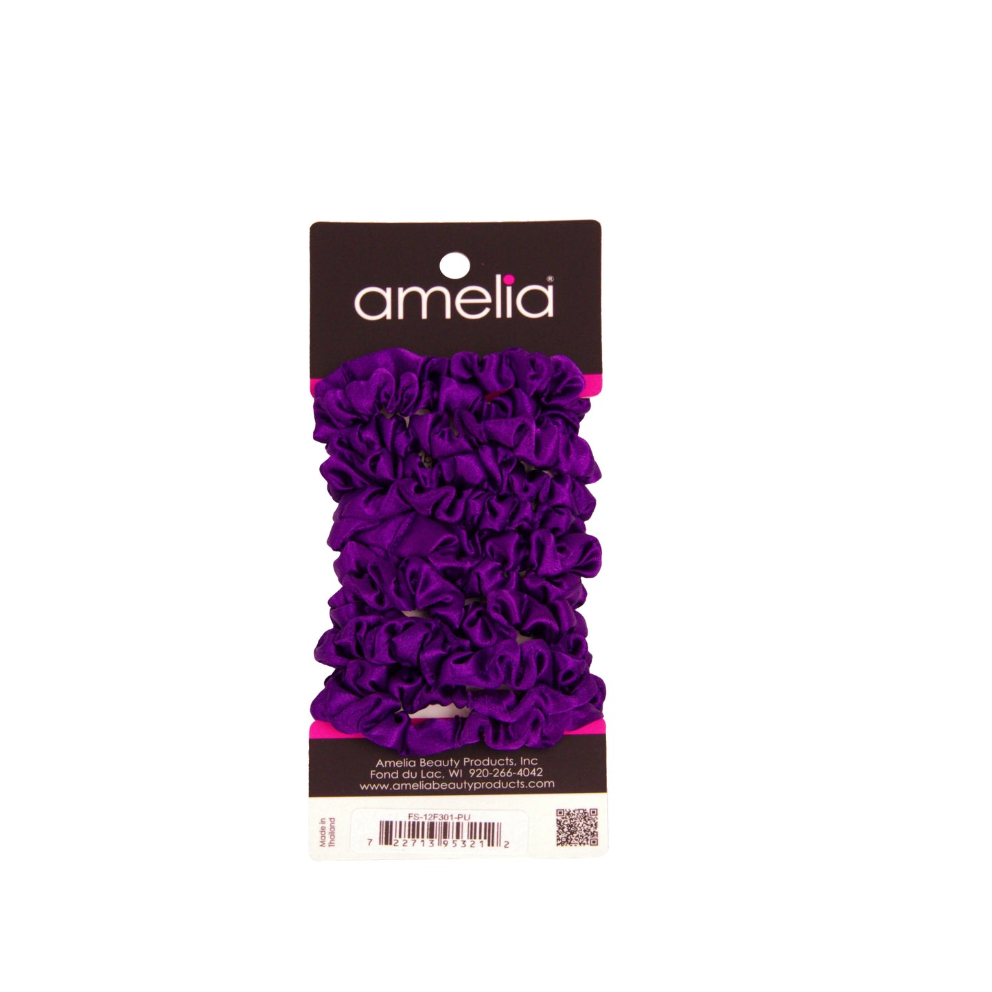 Amelia Beauty, Purple Satin Scrunchies, 2.25in Diameter, Gentle on Hair, Strong Hold, No Snag, No Dents or Creases. 12 Pack - 12 Retail Packs