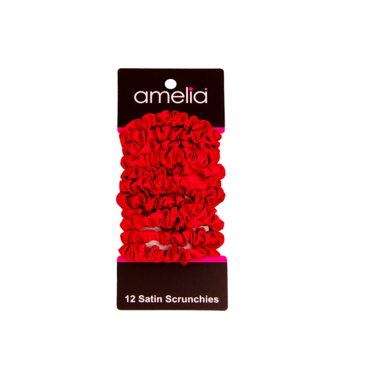 Amelia Beauty, Red Satin Scrunchies, 2.25in Diameter, Gentle on Hair, Strong Hold, No Snag, No Dents or Creases. 12 Pack - 12 Retail Packs