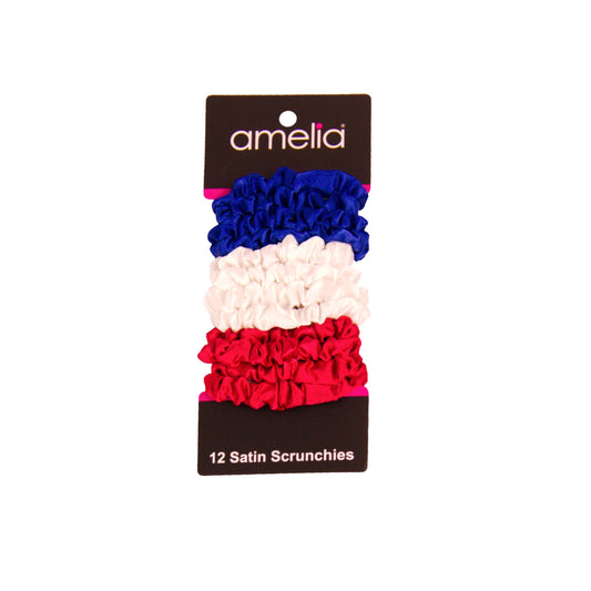 Amelia Beauty, Red, White and Blue Satin Scrunchies, 2.25in Diameter, Gentle on Hair, Strong Hold, No Snag, No Dents or Creases. 12 Pack - 12 Retail Packs