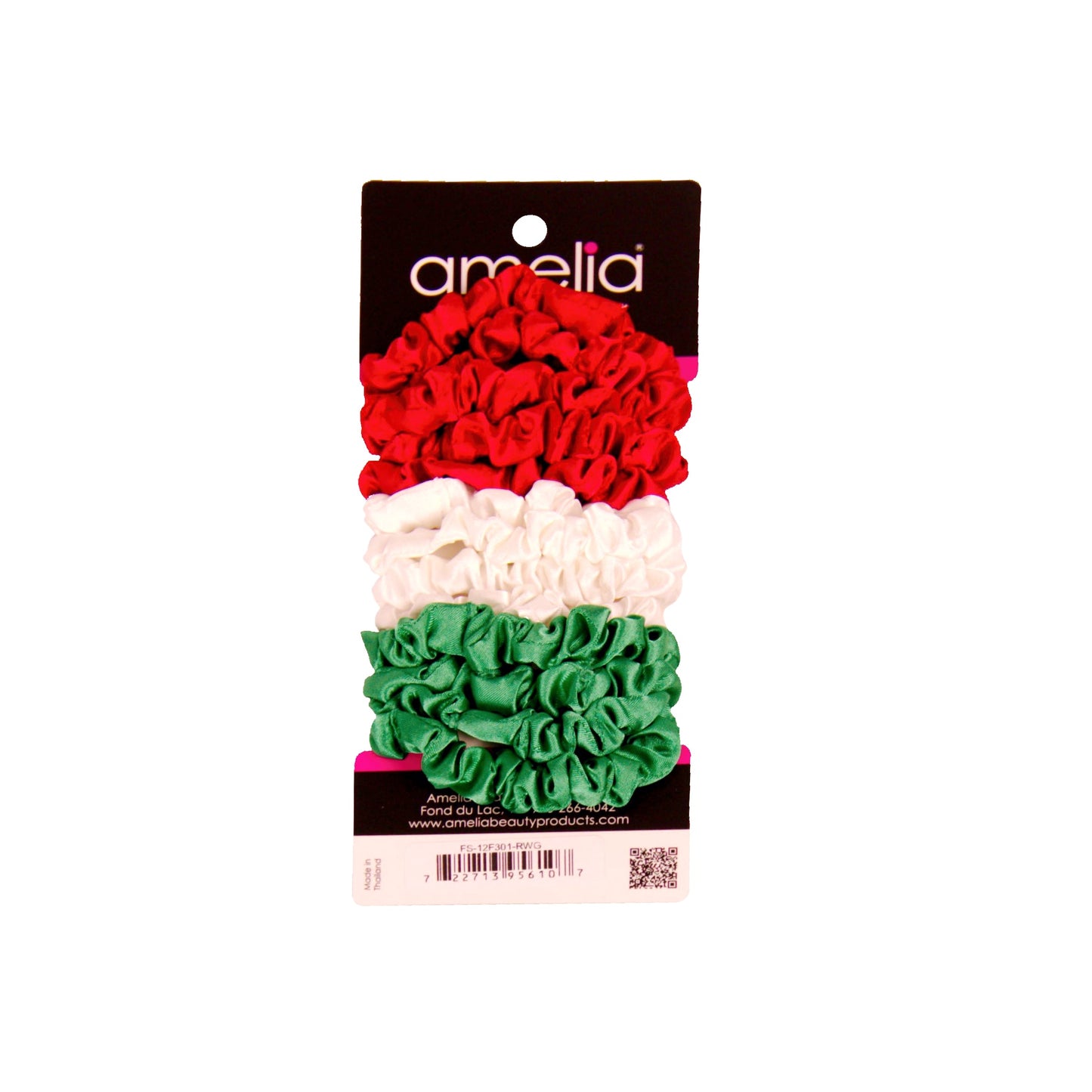 Amelia Beauty, Red, White and Green Satin Scrunchies, 2.25in Diameter, Gentle on Hair, Strong Hold, No Snag, No Dents or Creases. 12 Pack - 12 Retail Packs