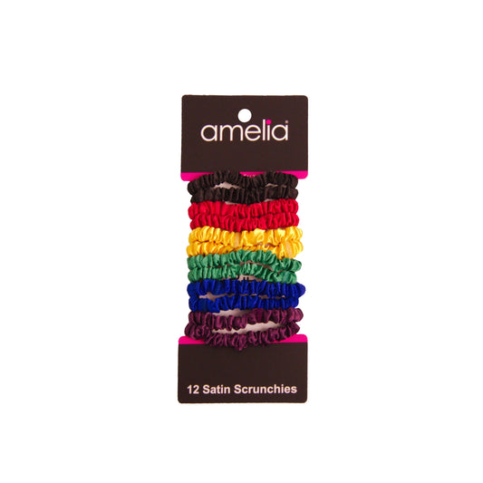 Amelia Beauty, Rainbow Colors Skinny Satin Scrunchies, 2in Diameter, Gentle and Strong Hold, No Snag, No Dents or Creases. 12 Pack - 12 Retail Packs